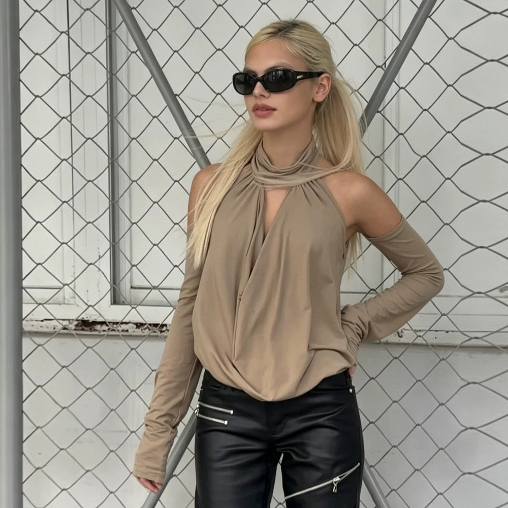 Zara Autumn Street Style Halter Neck Draped Backless Loose Long Sleeve Top